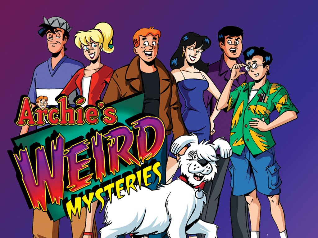 Jughead, Betty, Archie, Veronica, Reggie and cast with the Archie's Weird Mysteries title logo