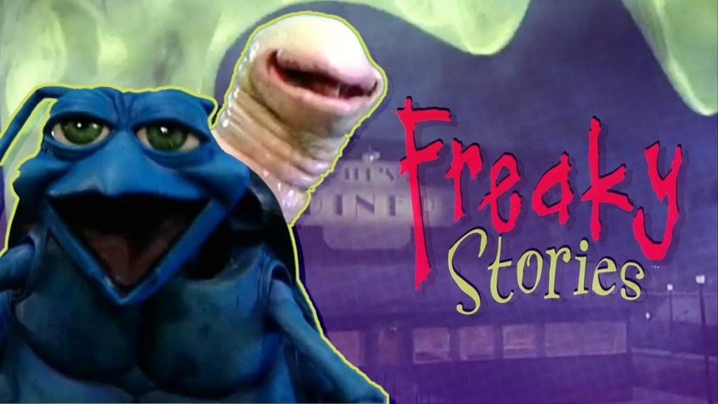 Maurice the maggot and Larry de Bug in front of the Freaky Stories dinner with green slime.